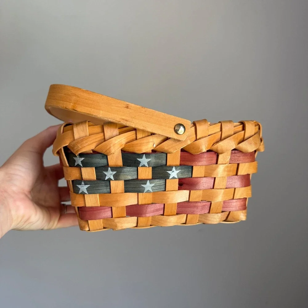 Americana Woven Wood Basket American Flag Stars and Stripes Picnic Decor 7.5in